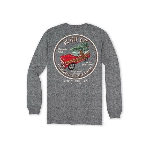 New unisex SIMPLY SOUTHERN Big Foot Tree Farm Long Sleeve gray large & Small S - Picture 1 of 9